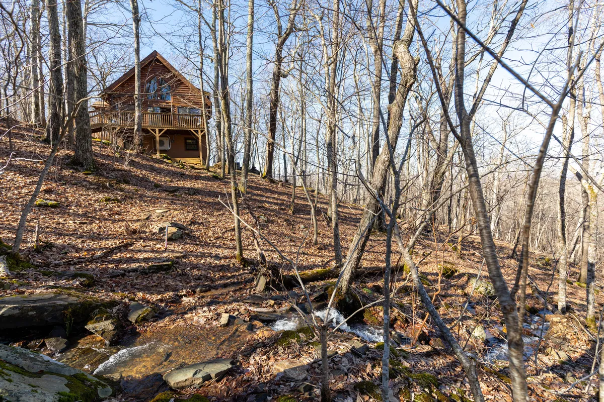 This image features the cabin's picturesque exterior situated beside a gentle stream and surrounded by lush trees. The peaceful setting highlights the connection to nature, inviting guests to enjoy outdoor activities like hiking, birdwatching, and quiet relaxation by the water.